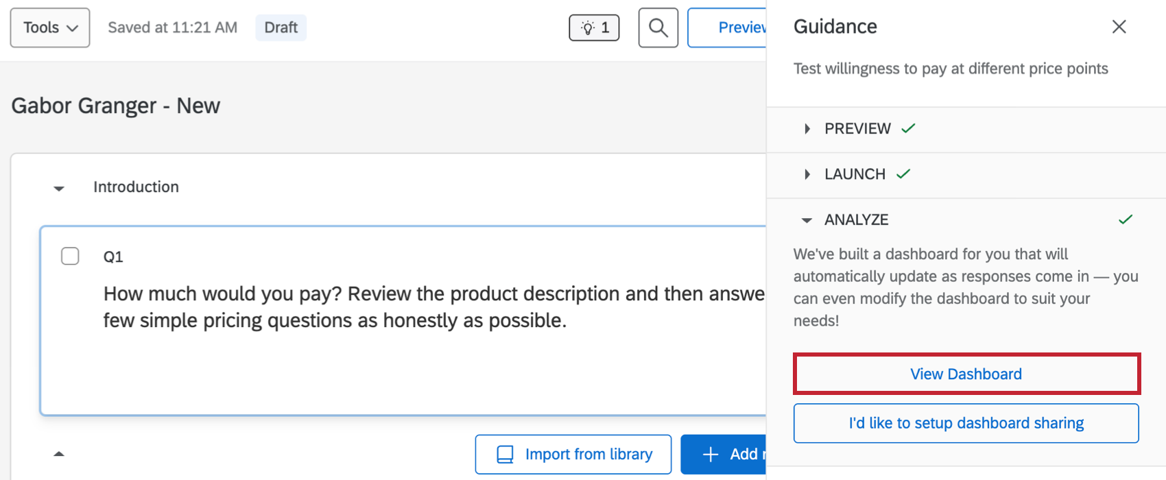 "view dashboard" button highlighted within the project guidance