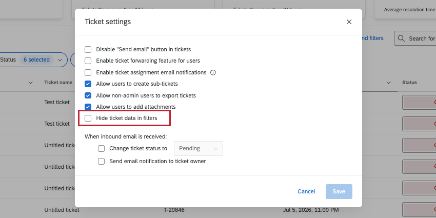 showing ticket settings