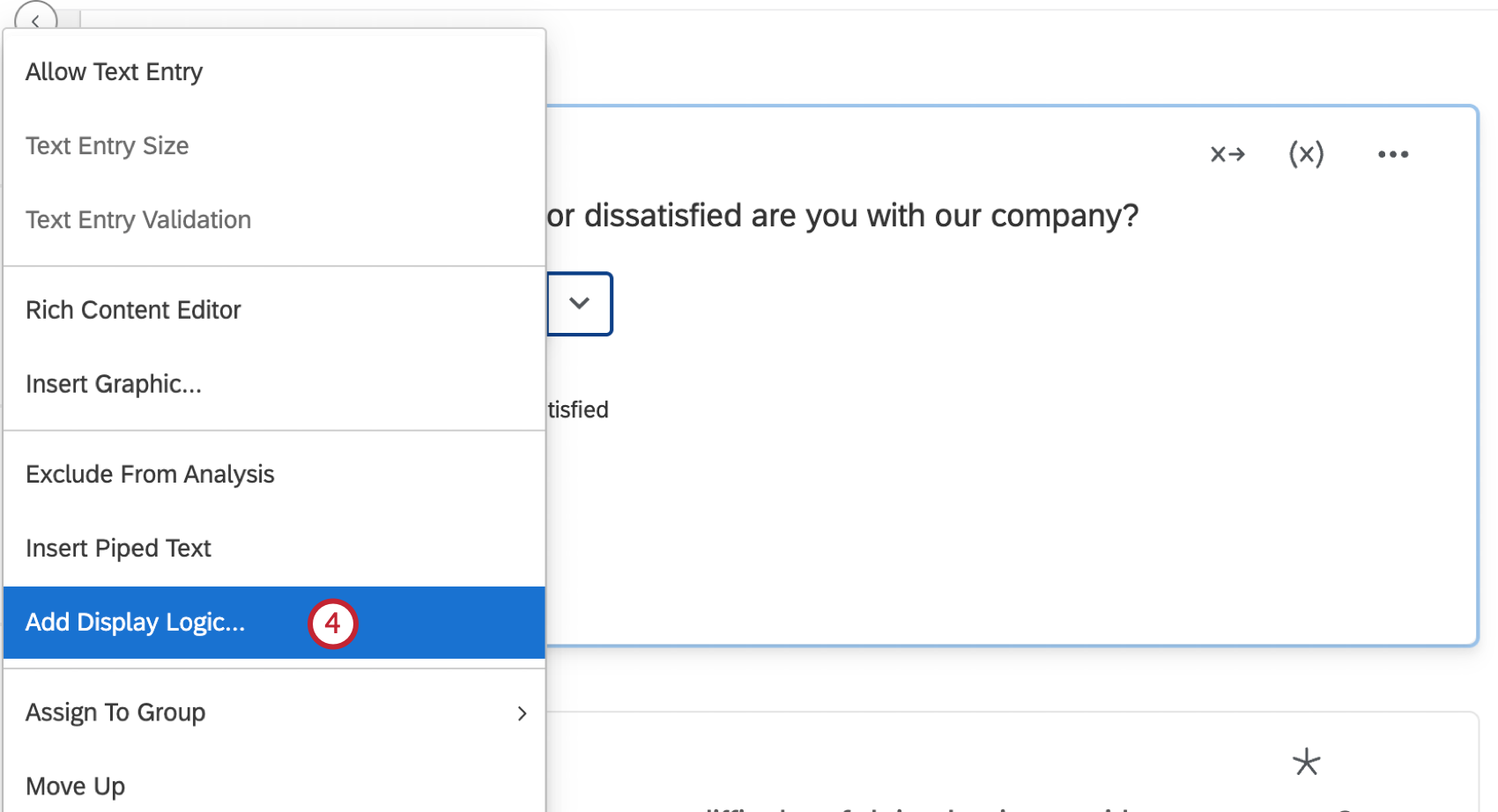 "add display logic" button highlighted within the answer choice option menu
