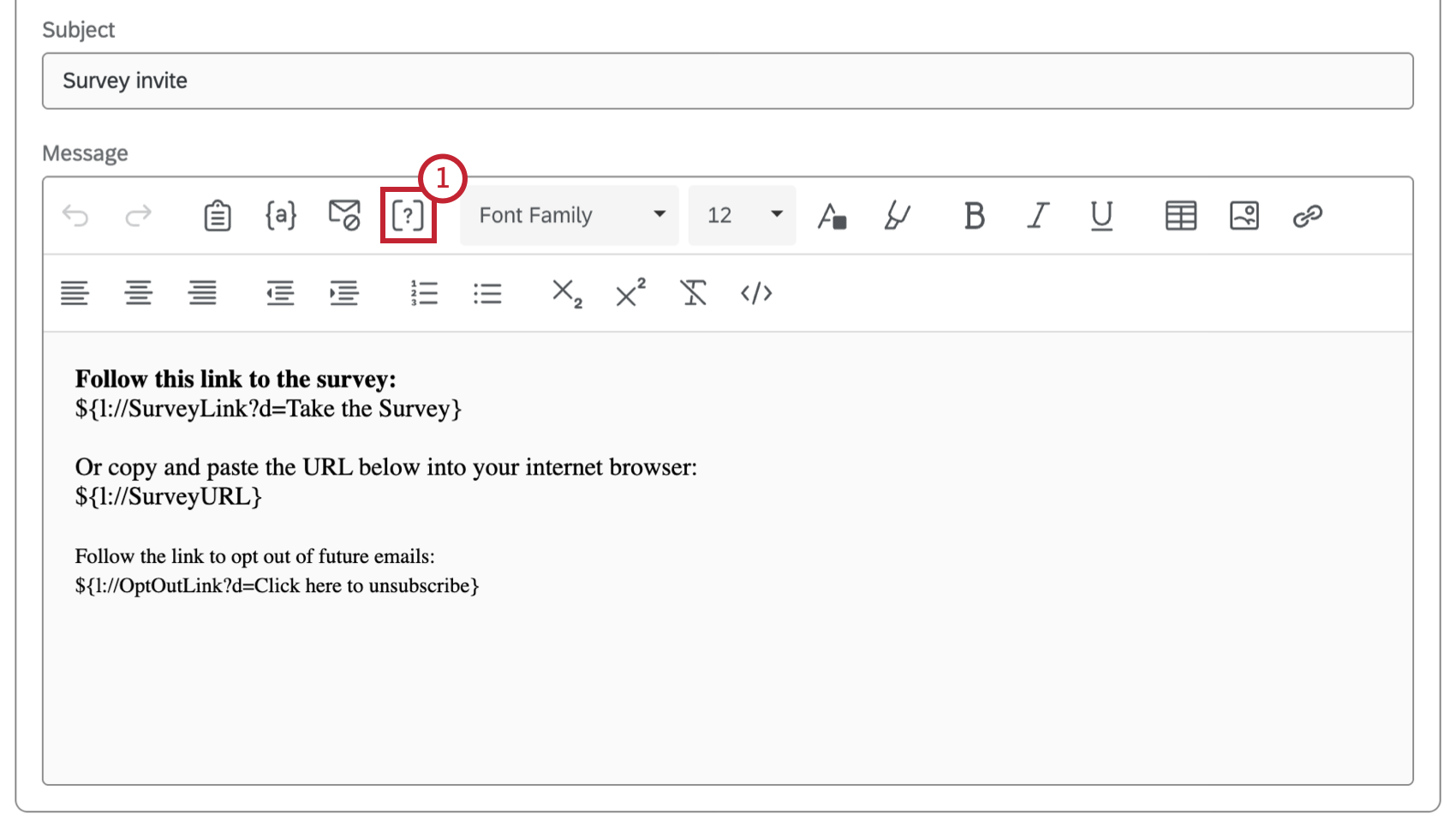 Button to insert an inline email question highlighted within the email editor