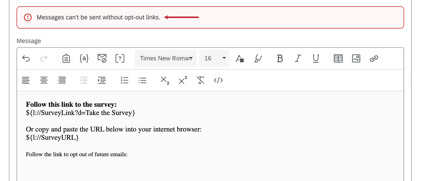 banner at the top of the email editor warning that there is no opt out link