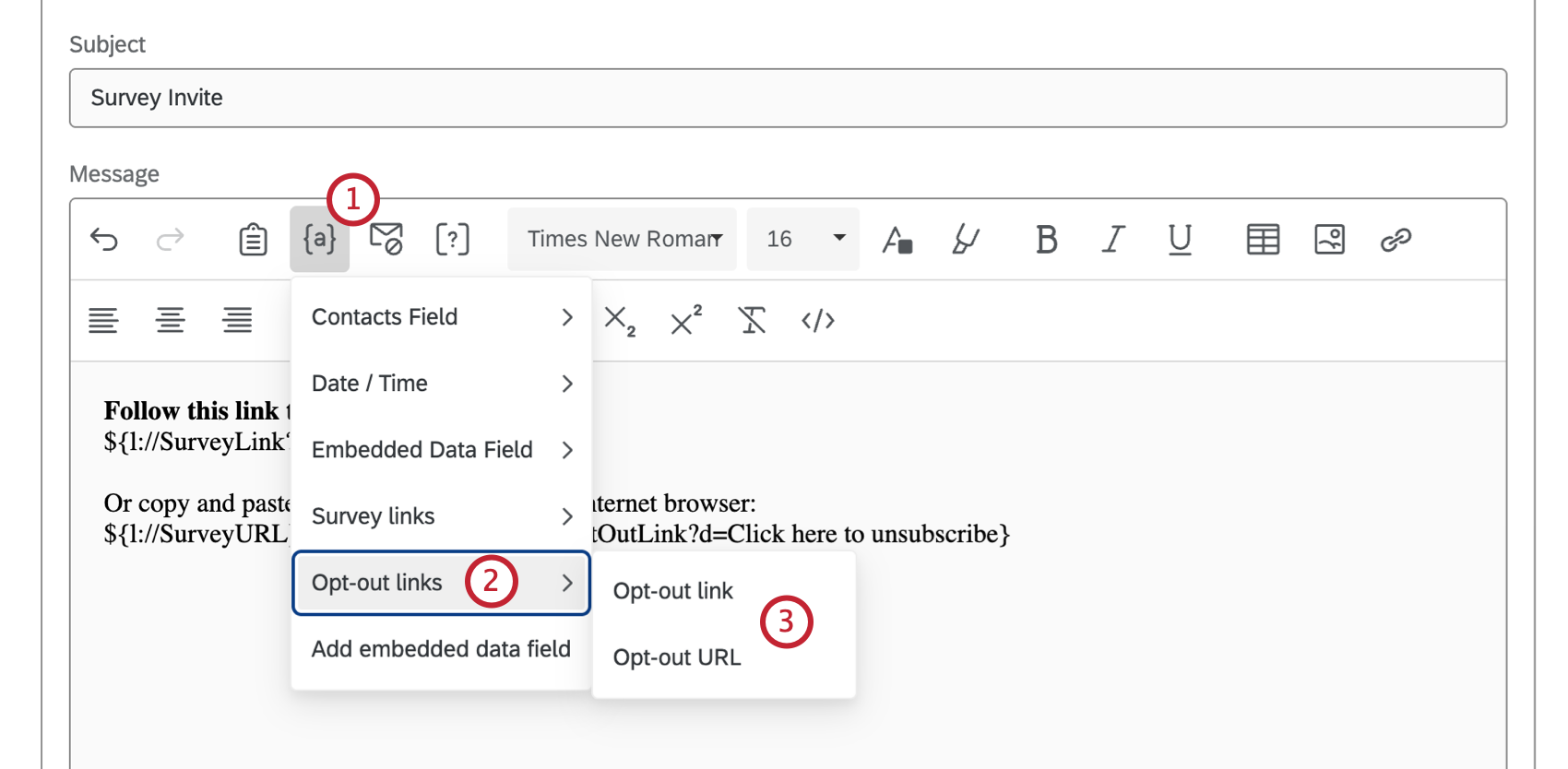 menus opened to add an opt out link via piped text