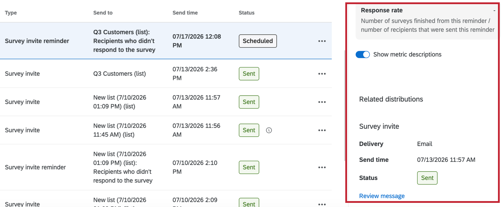 side window with reminder metrics and details highlighted to the right of a reminder distribution