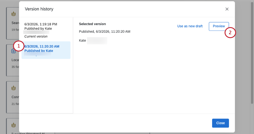 modal with versions you can browse