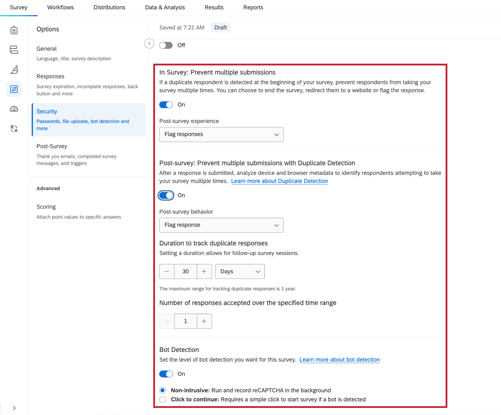 security options highlighted within the survey options menu