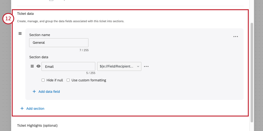 an image of the ticket data section as it appears during ticket task setup