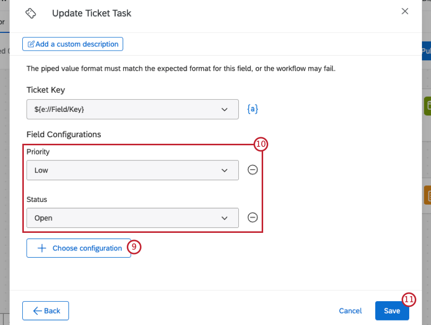 ticket fields configuration within the task