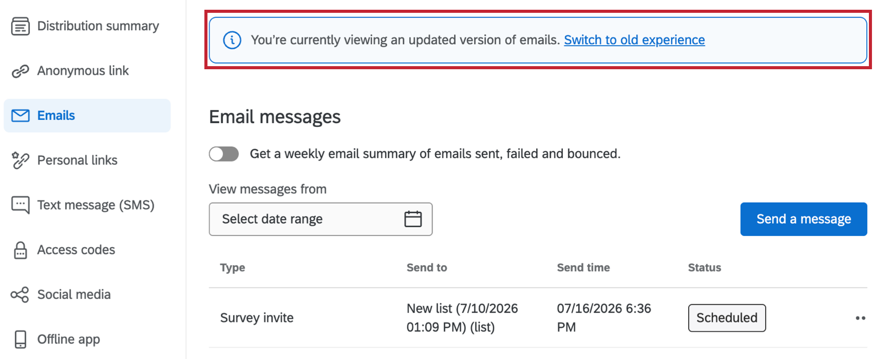 banner at the top of the Emails tab with a button to switch back to the old version of emails