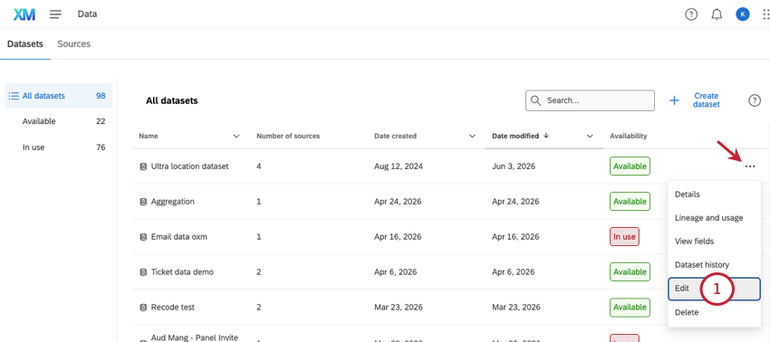 on data page, 3 dots clicked and edit selected next to a specific dataset