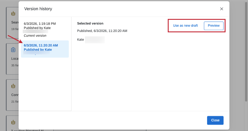 new modal with history entries