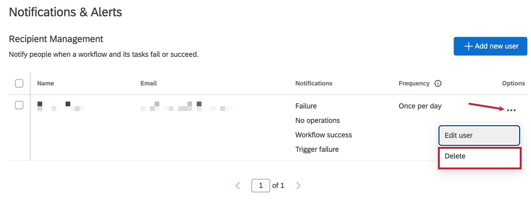 additional options menu with an arrow pointing to the delete option