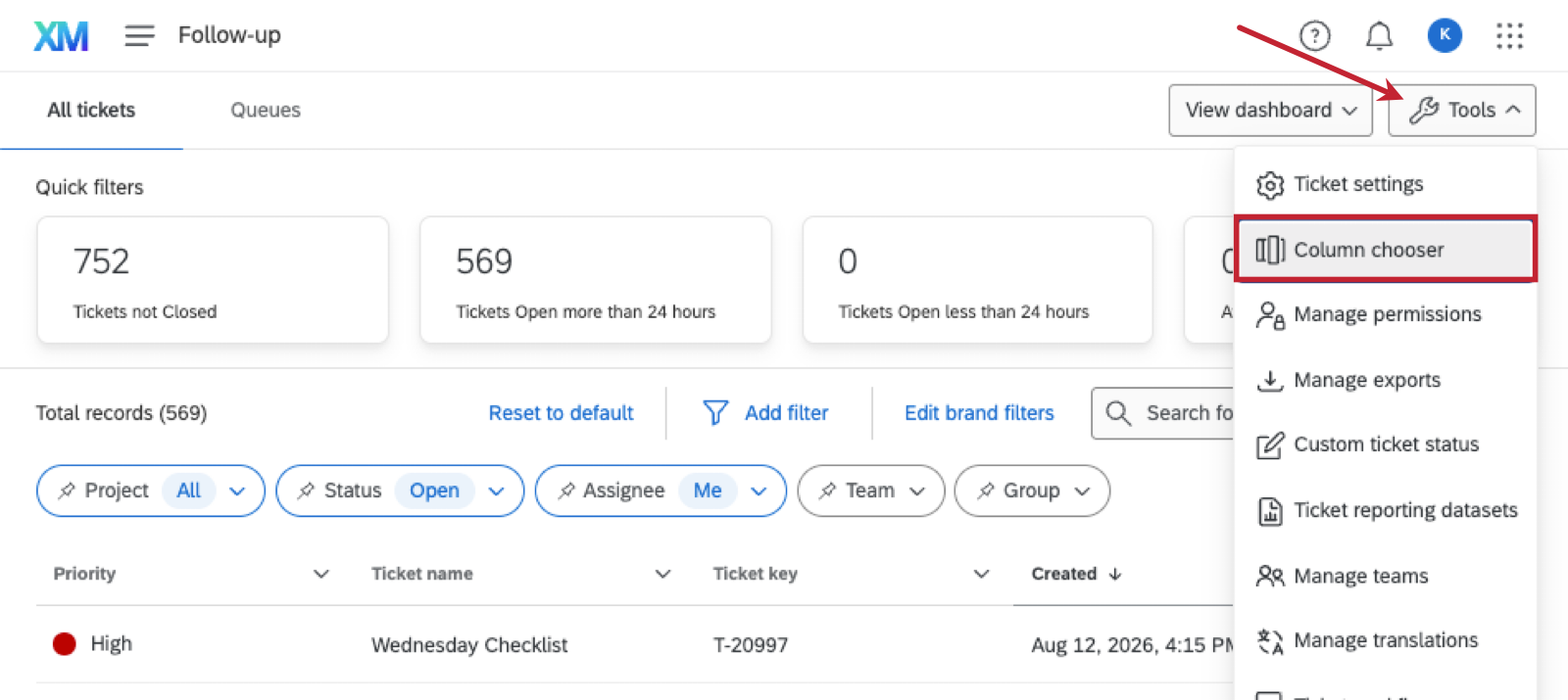 column chooser under ticket tools