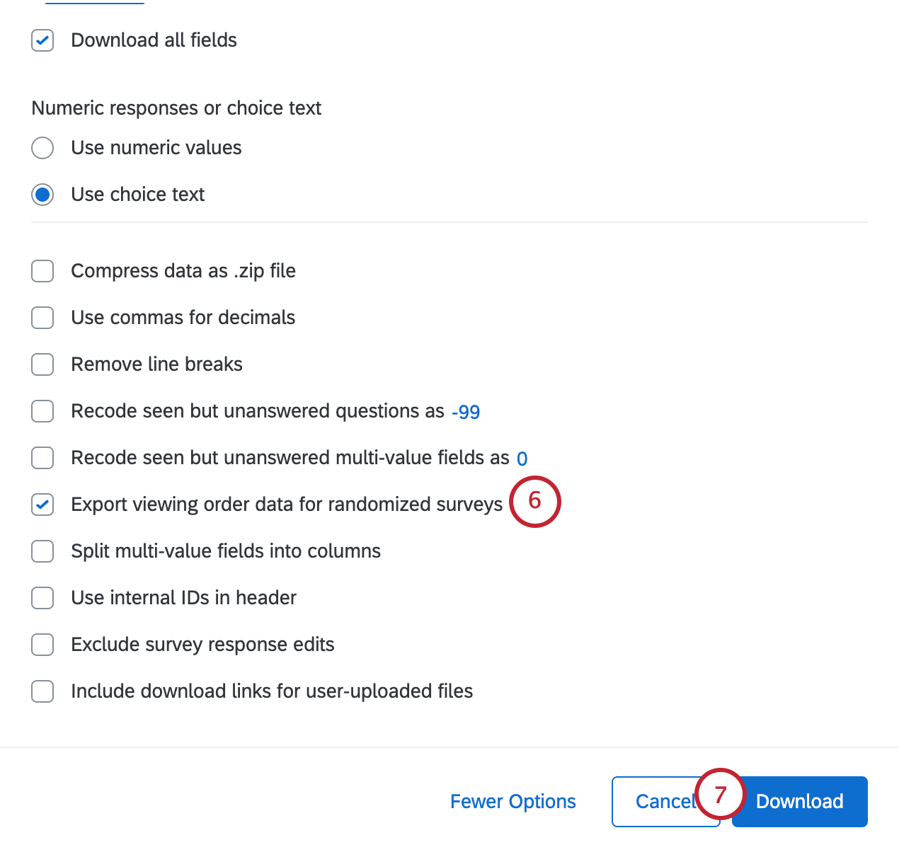 Exporting viewing order data towards the bottom of list of choices; Download button in bottom-right