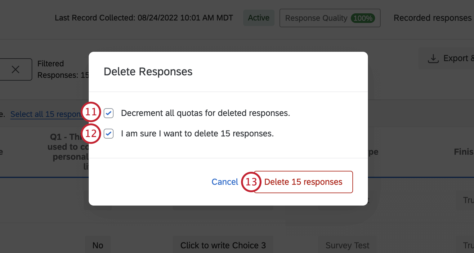 Delete Responses window