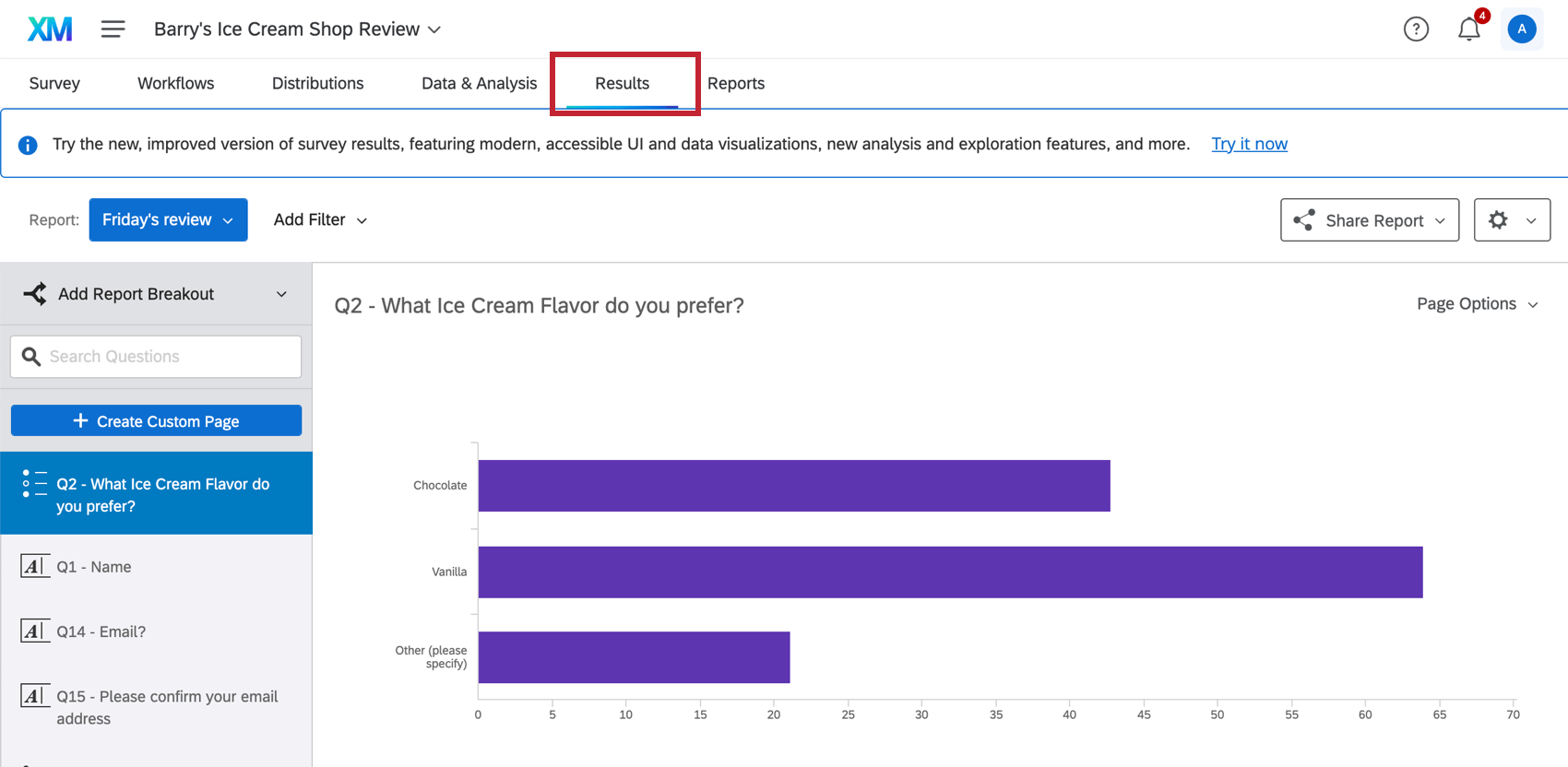 the results reports tab