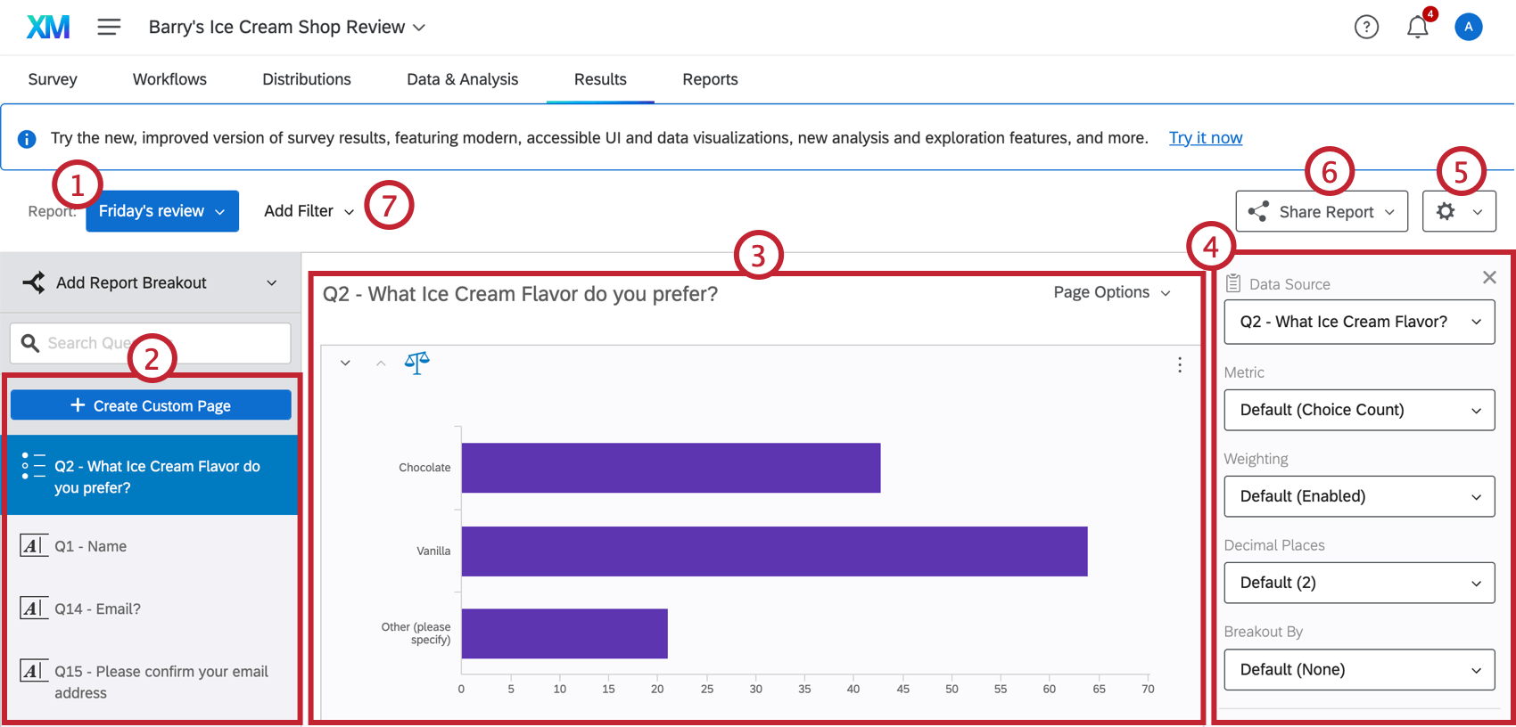 the results reports screen. key features are called out