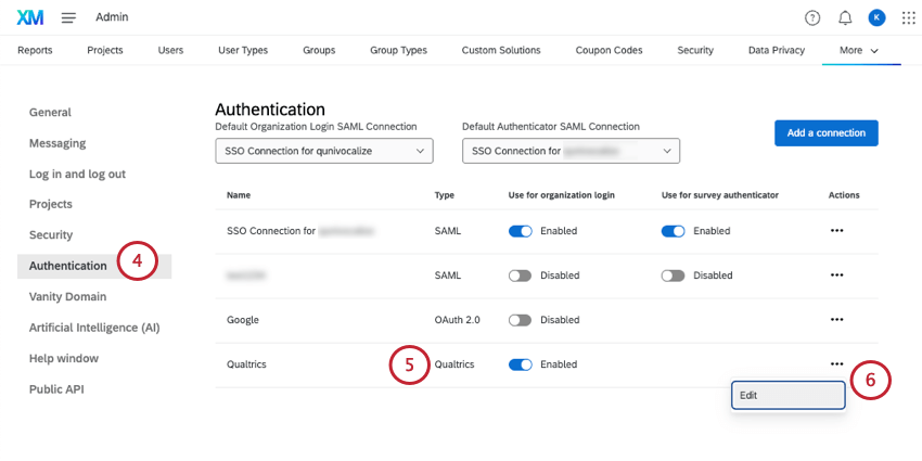 opening the settings for the Qualtrics connection on the authentication page