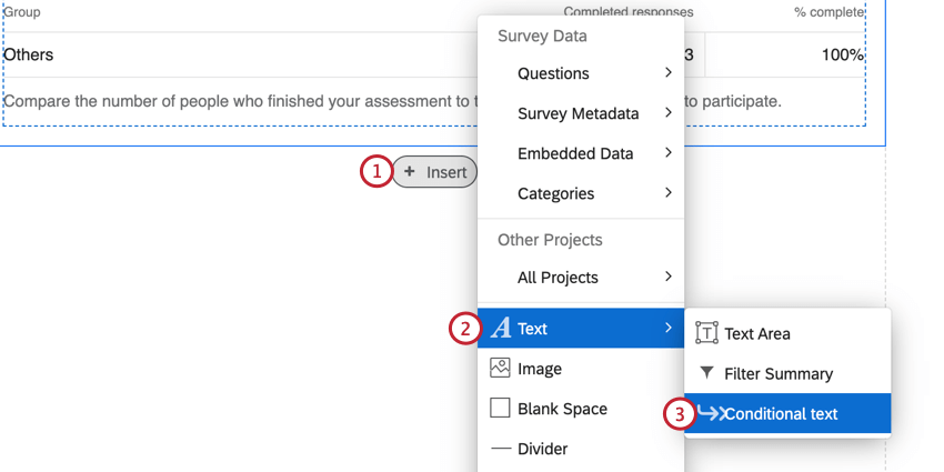 clicking insert, selecting text, and then conditional text