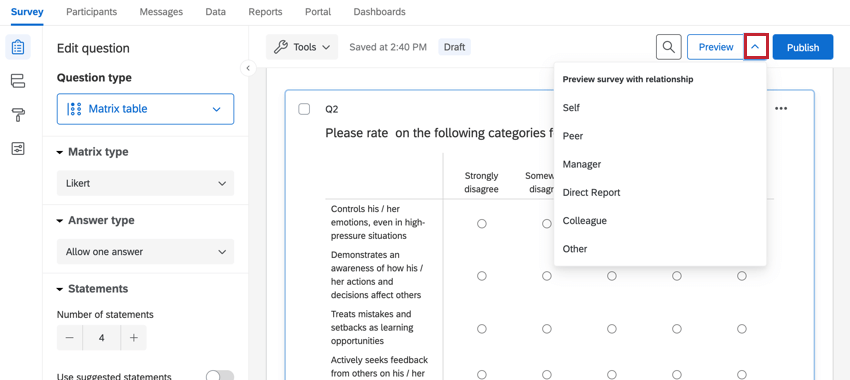 the preview button for a 360 survey. a dropdown arrow is next to the button to choose the relationship to preview as