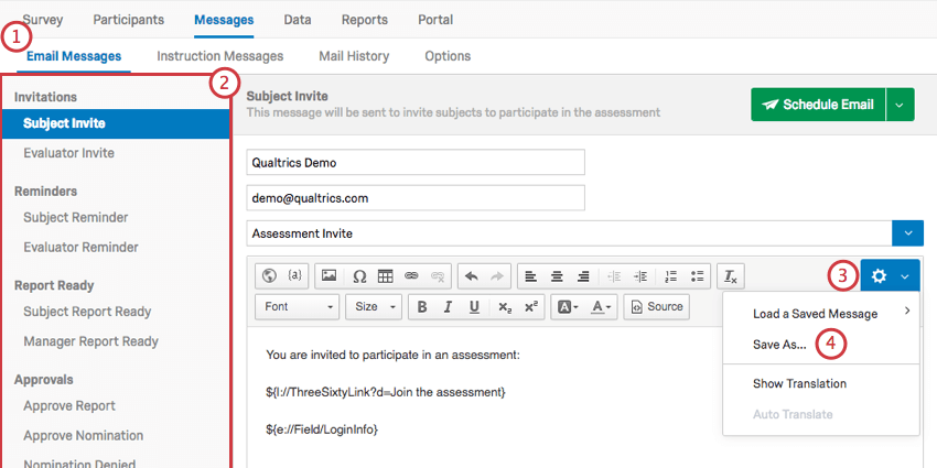 Selecting Message Editor options dropdown menu