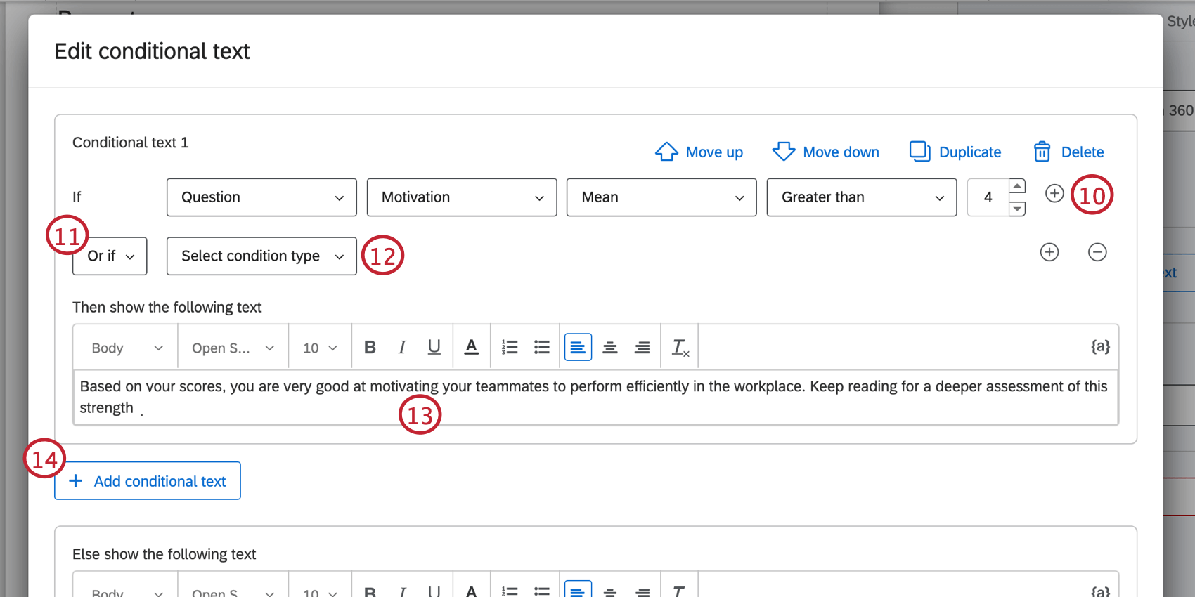 Steps to adding conditions for the conditional text widget, adding text, and adding more conditional text.