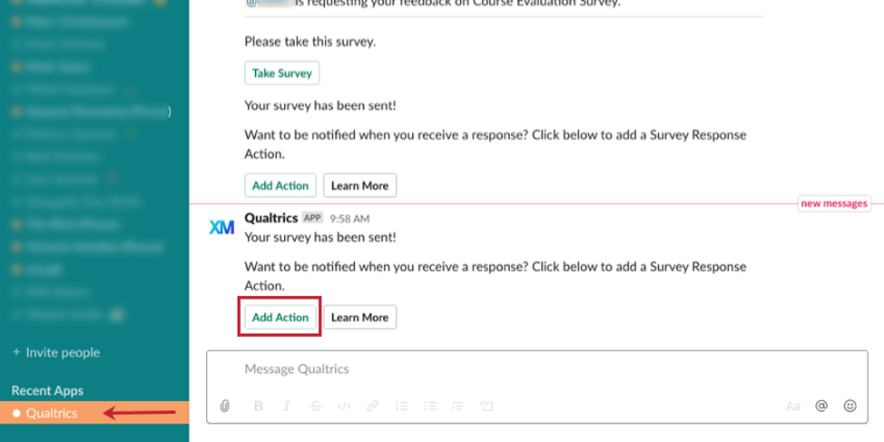 Image of the Qualtrics app bot sending a message in slack to the survey owner. The message tells the user to add an action to be notified when responses are received
