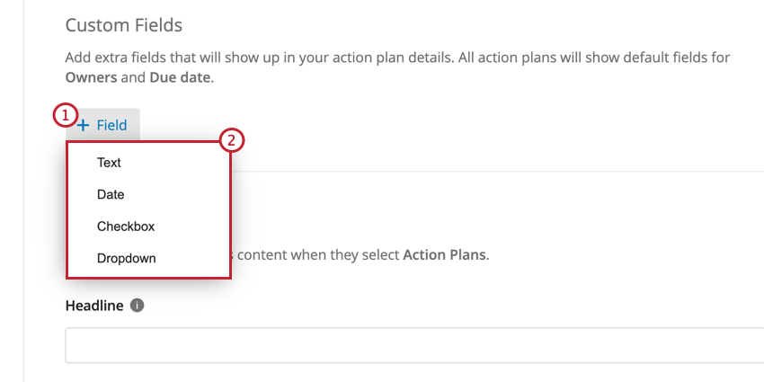 the custom fields section of action planning. click field and select the field type to add a new field
