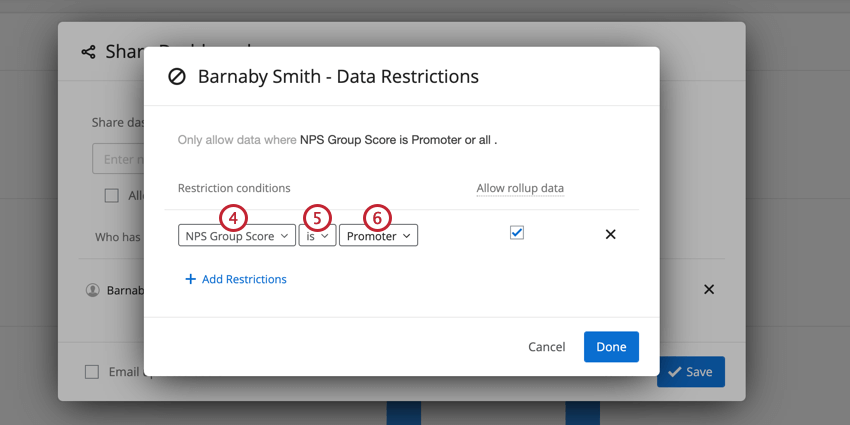 a condition for restricting based on survey data. the user is restricted to only seeing NPS promoters