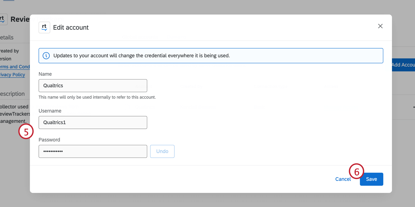 Edit account pop-up