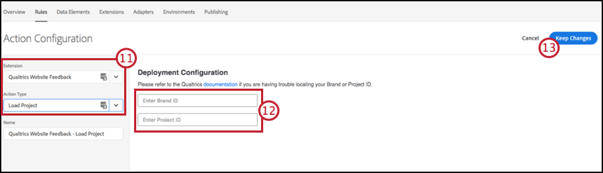Image of the Action Configuration Screen for Adobe Launch