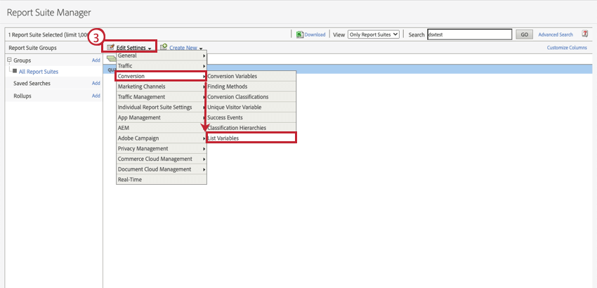 Shows edit settings in report suite manager of adobe analytics.