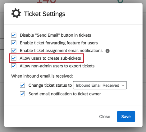 image of the "allow users to create sub-tickets" option
