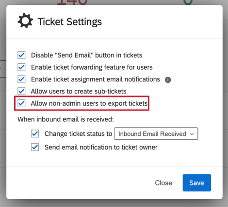 image of the "allow non-admin users to export tickets" option