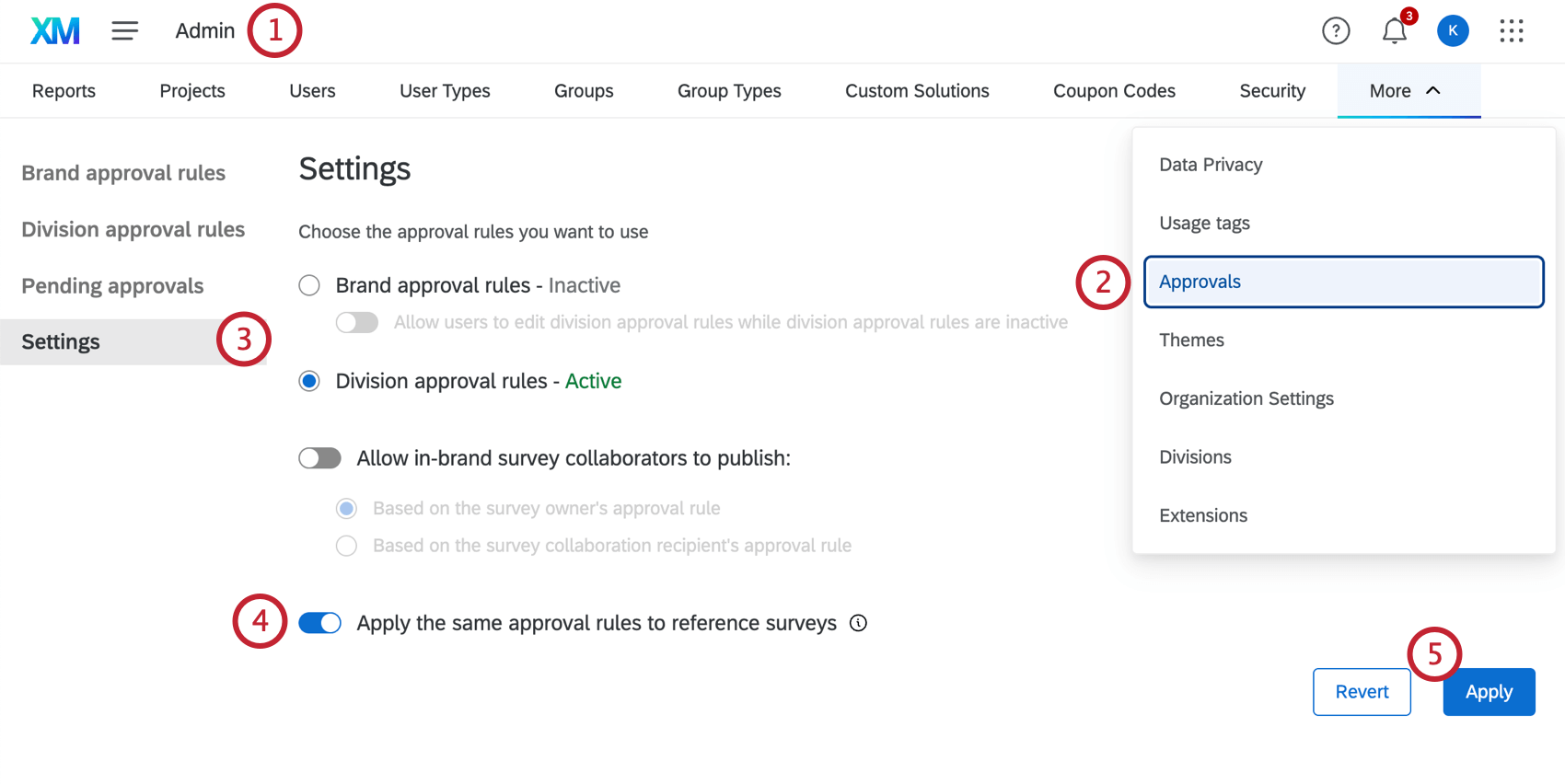 In the Admin page, the APprovals tab with the settings shown and the Apply the same approval rules to reference surveys option is selected