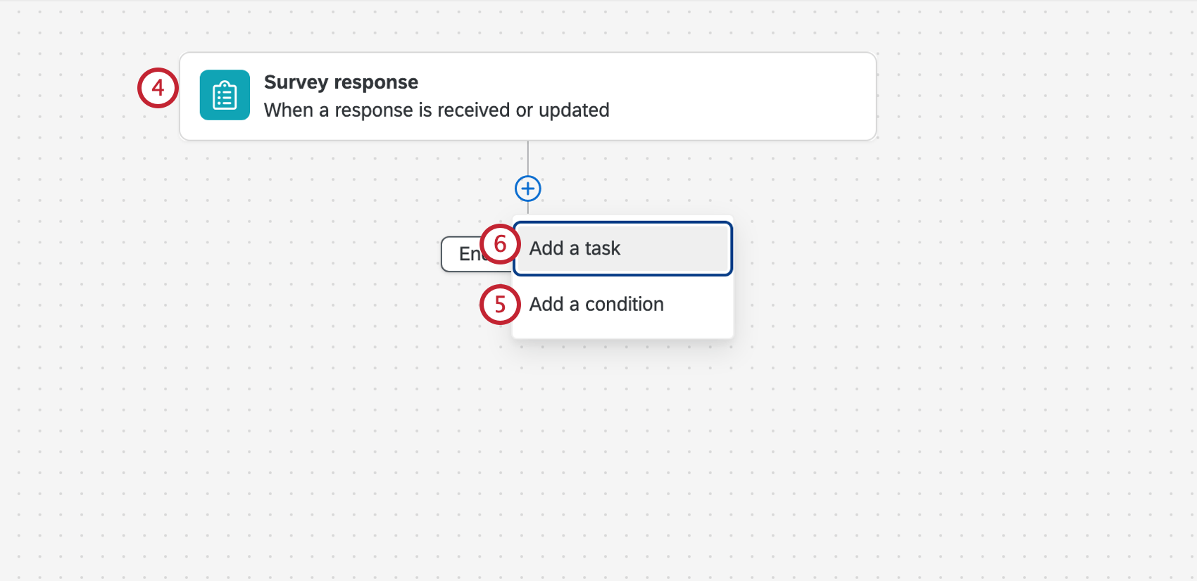 choosing the survey event, adding conditions, and choosing the task