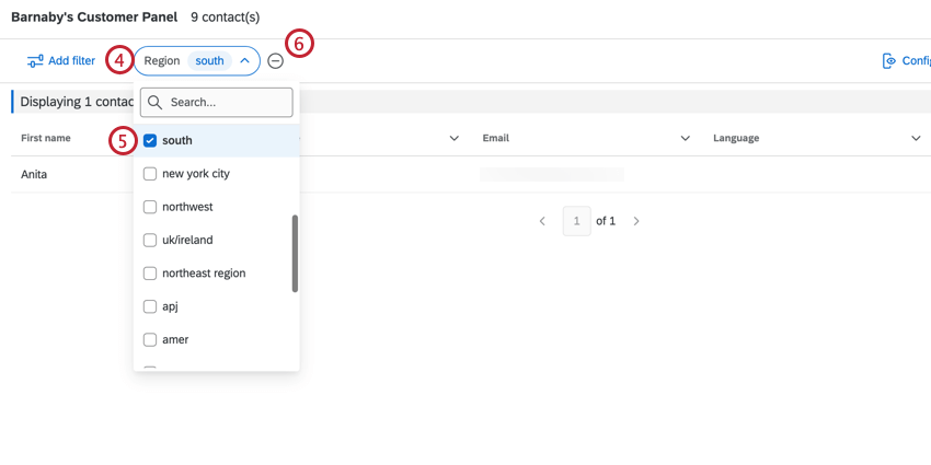 Filter options dropdown