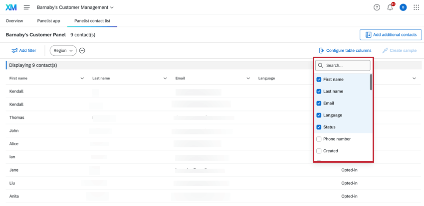 Columns dropdown