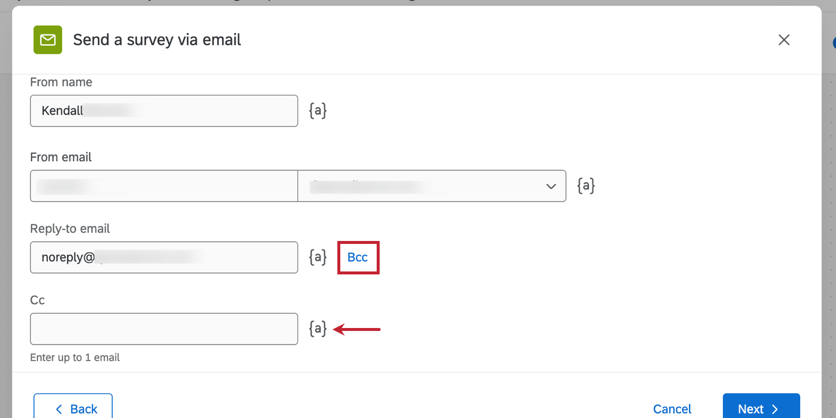 BCC and CC buttons next to the reply-to field and an arrow pointing to the piped text symbol