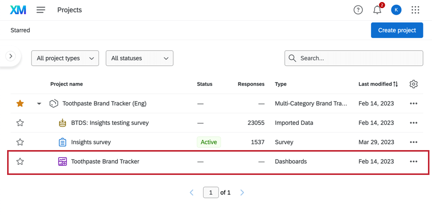 bx dashboard in the projects menu is highlighted