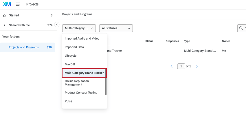 Multi-Category Brand Tracker in the project dropdown