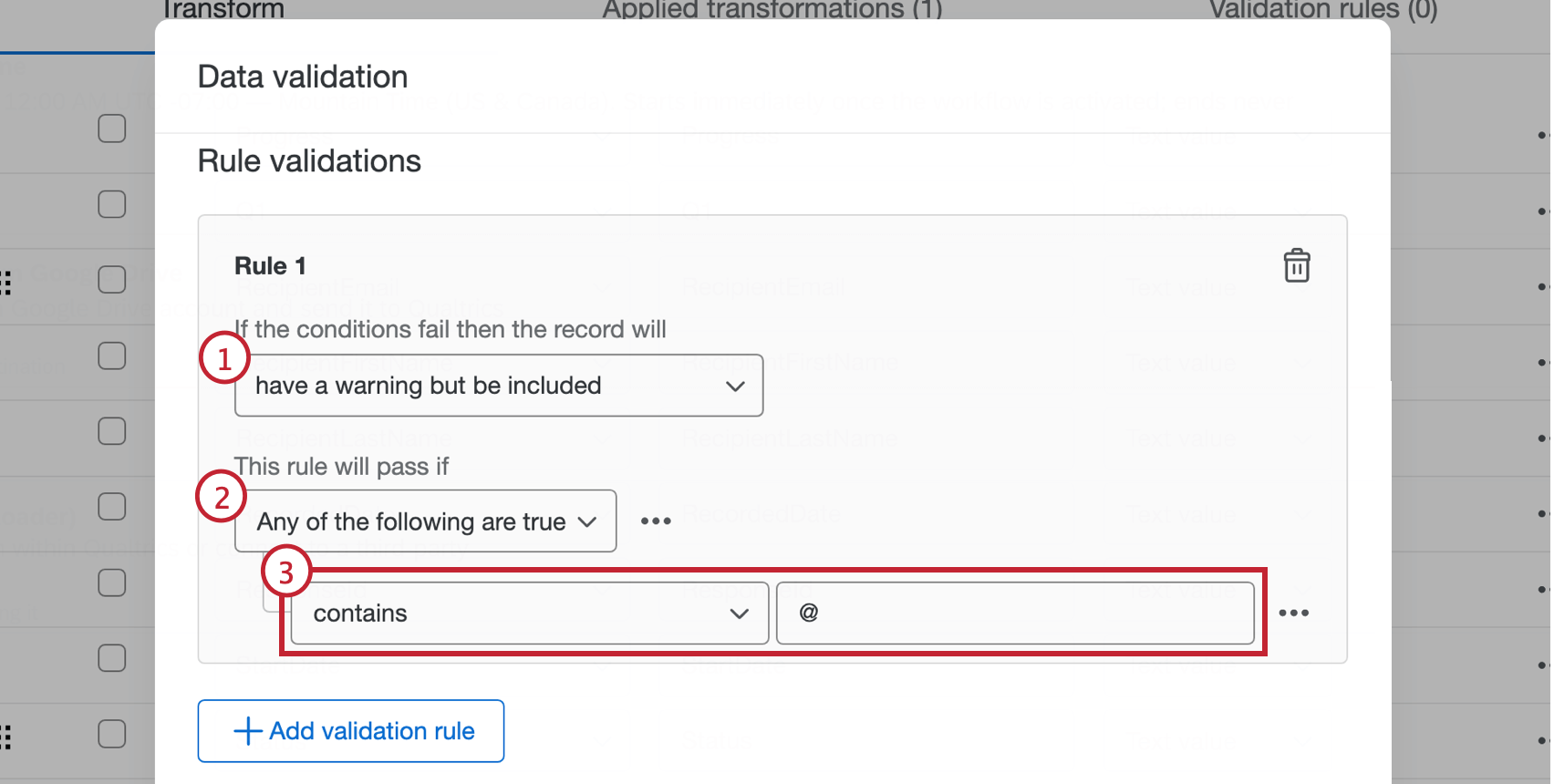 Rule validation setup in data validation menu