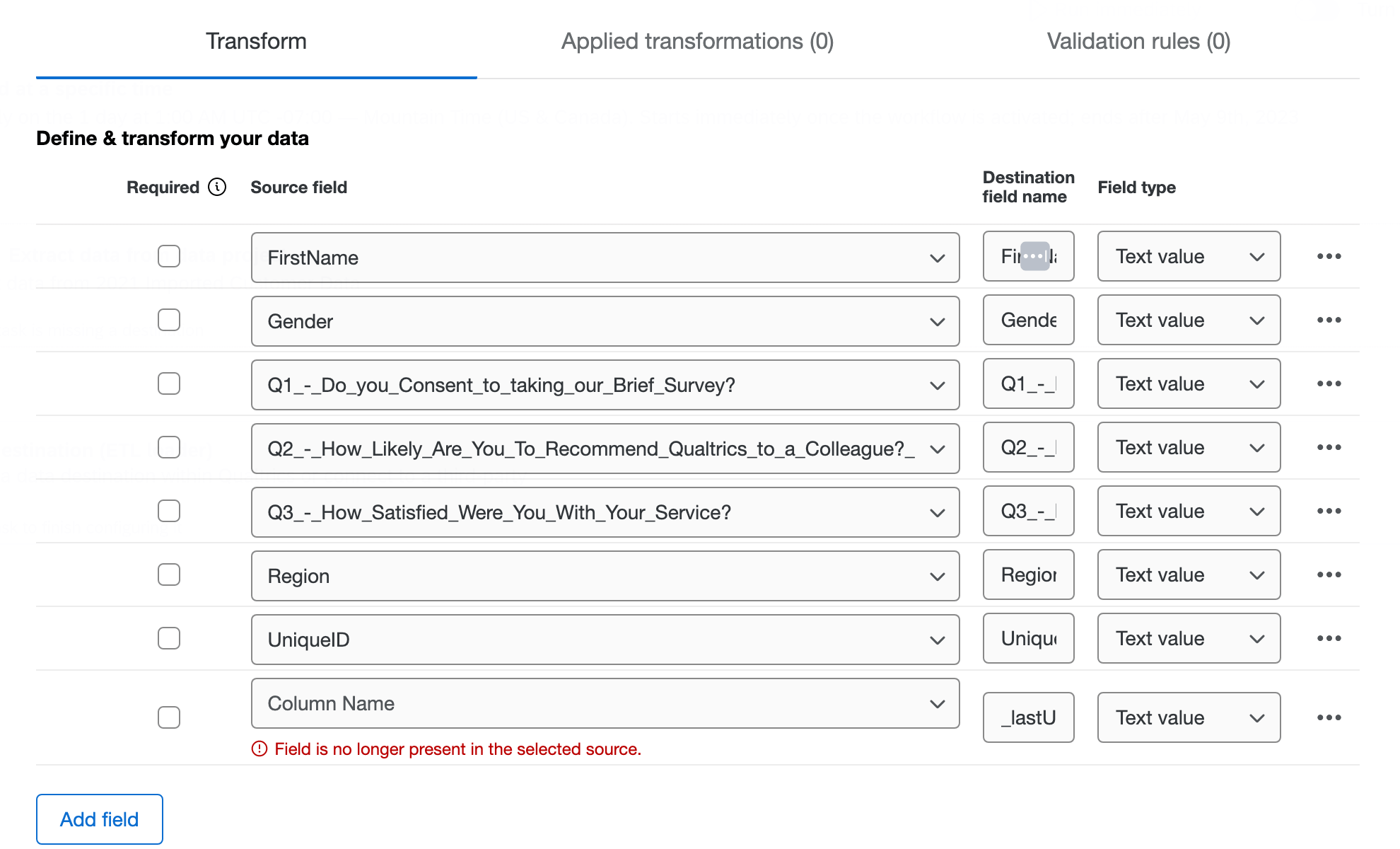 Fields in the extractor task