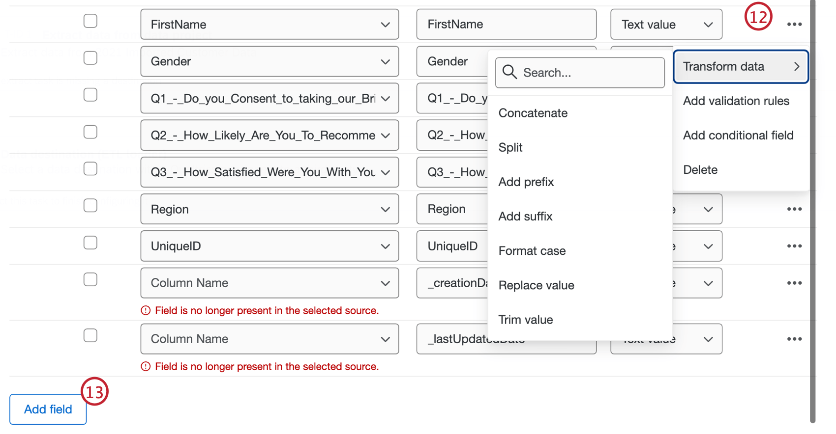 Three dot menu with transform data highlighted and transform data options. Also Add field highlighted