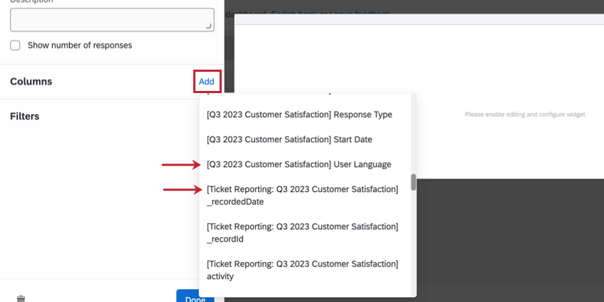 Shows both ticketing and survey data in dashboard field selector