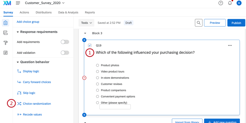 selecting a question in the editor and clicking choice randomization