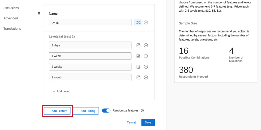Add Feature in blue at bottom of page