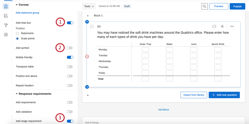 the unique options for a constant sum matrix table in the survey builder