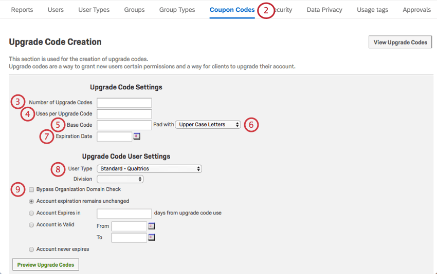 Coupon Codes tab within Admin Page with all of the various options and text boxes