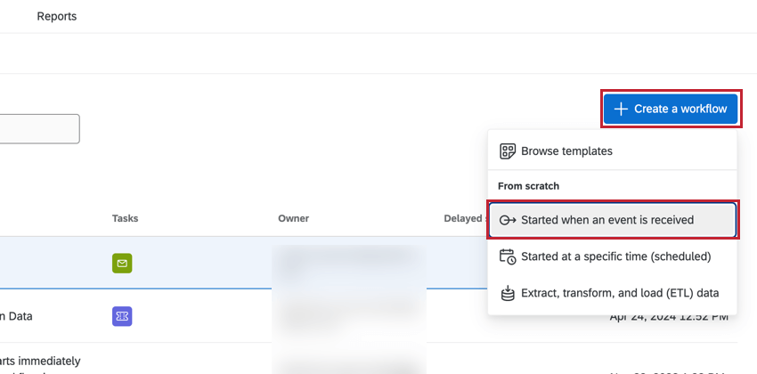 clicking "create a workflow" and choosing "when an event is received"