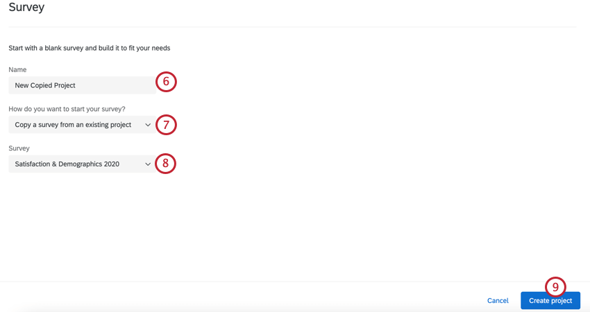 giving the project a name and selecting a project to copy from